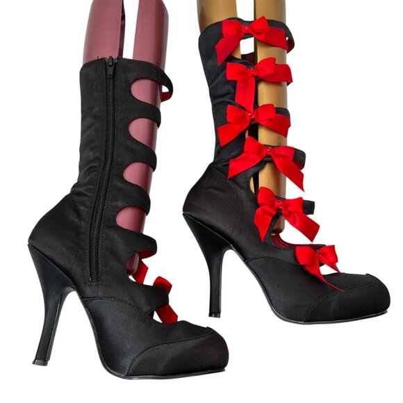 Funtasma Burlesque 129 high heels black satin red bows size 7 straps - Picture 7 of 11